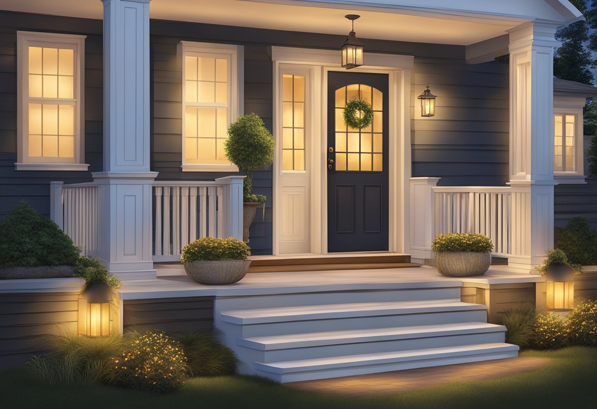 A front porch is softly illuminated by warm, inviting lighting, casting a cozy glow over the entrance. The lights create a welcoming ambiance, highlighting the architectural features and creating a sense of security for those approaching the home