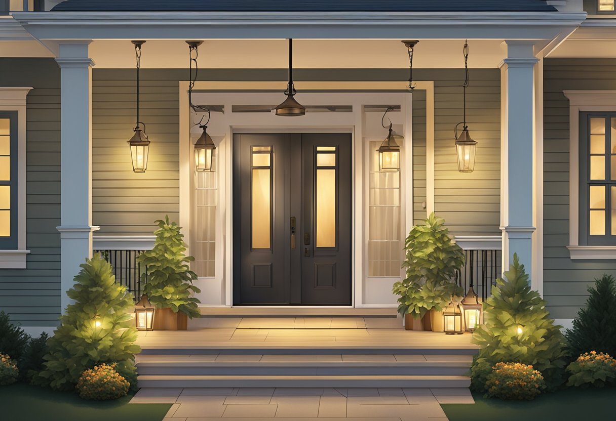 The front porch is adorned with a variety of lighting fixtures, including wall sconces, hanging lanterns, and pathway lights. The warm glow creates a welcoming ambiance for visitors approaching the home