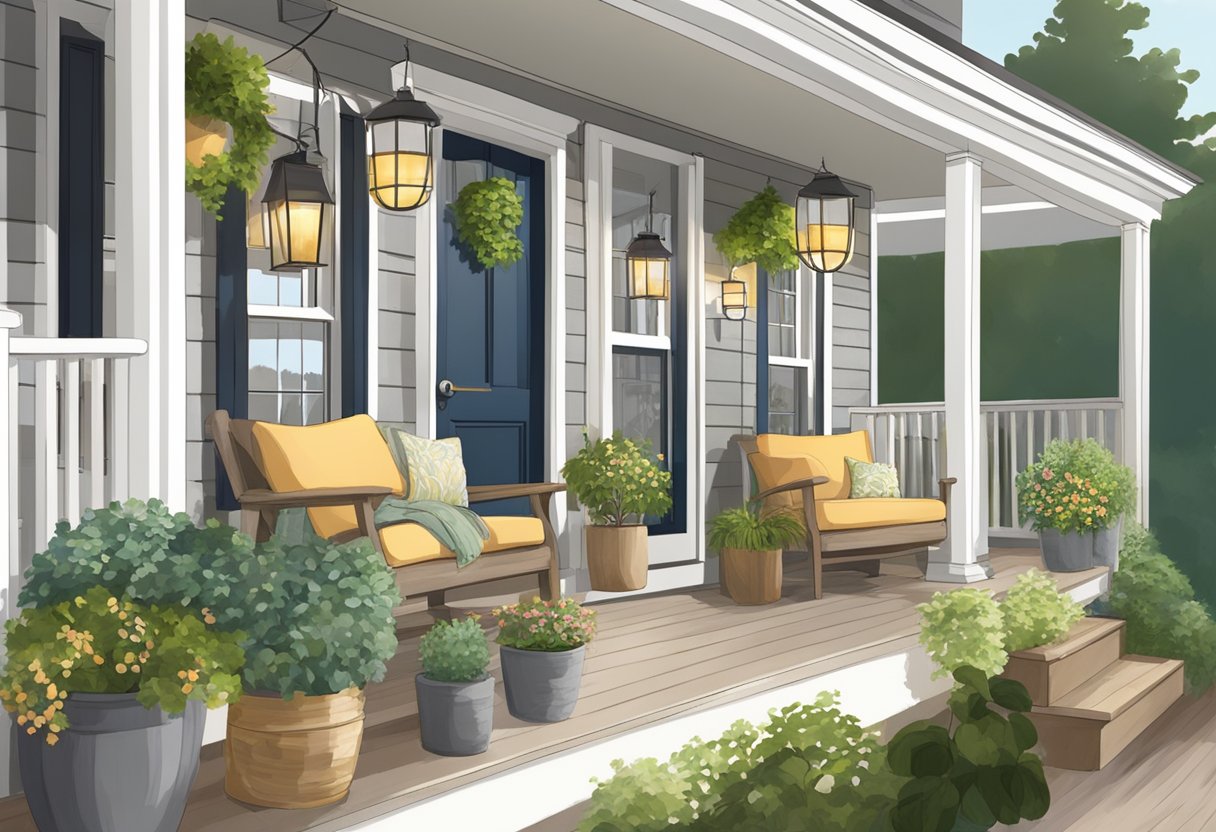 A front porch with various lighting fixtures, including lanterns, string lights, and sconces, illuminating the area. The porch is adorned with potted plants and comfortable seating, creating a cozy and inviting atmosphere