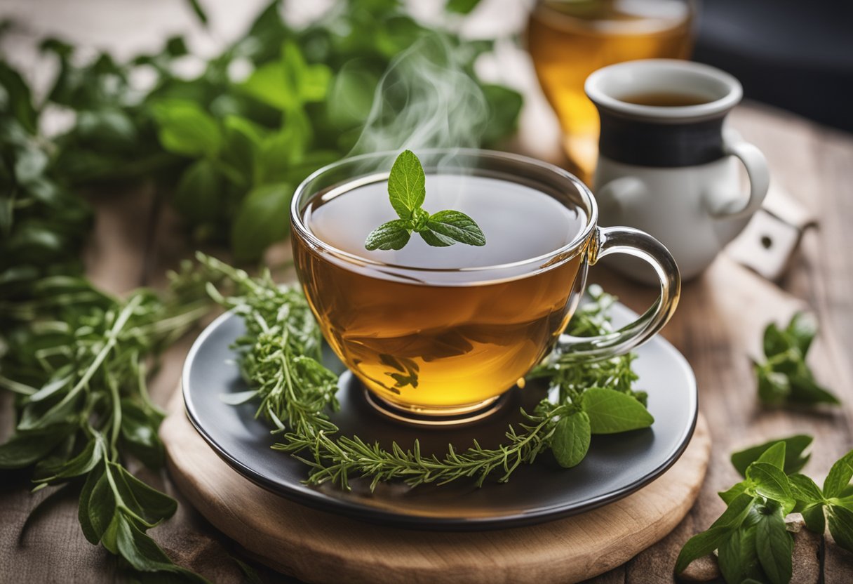 A cup of slimming tea steaming on a saucer, surrounded by fresh herbs and a tape measure