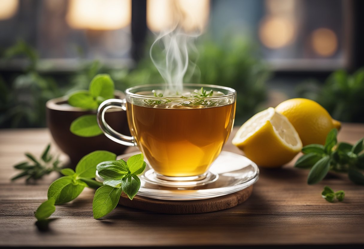 A steaming cup of slim tea sits on a wooden table, surrounded by fresh herbs and a lemon wedge. The tea is a golden color, emitting a calming aroma