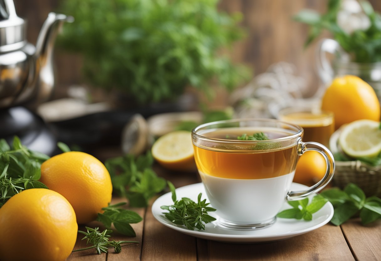 A steaming cup of slim tea sits on a table, surrounded by fresh herbs and fruits. A measuring tape and scale are nearby, indicating weight loss