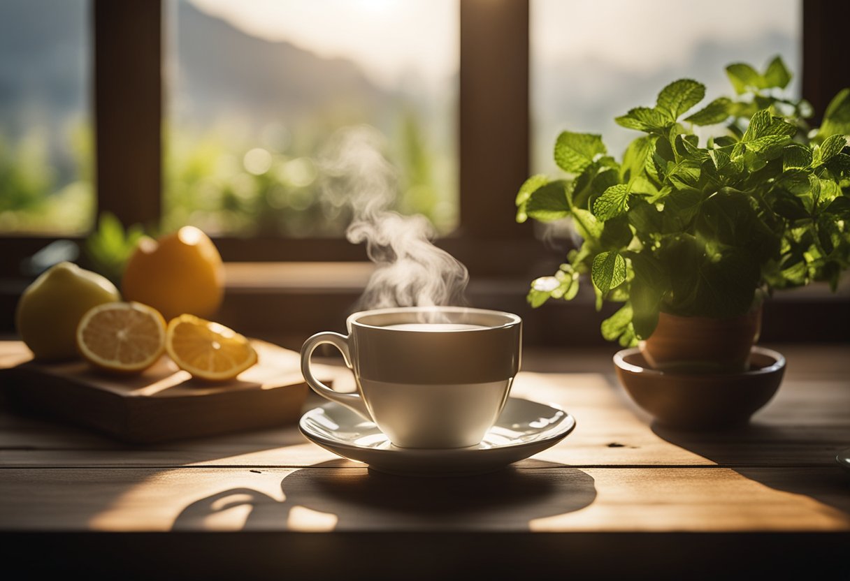 A steaming cup of diet tea sits on a wooden table, surrounded by fresh herbs and fruit. The morning light filters through a window, casting a warm glow on the scene