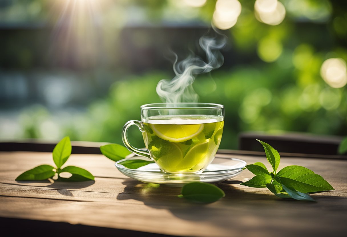 A steaming cup of green tea sits on a wooden table, surrounded by fresh green leaves and a slice of lemon, evoking a sense of detox and refreshment