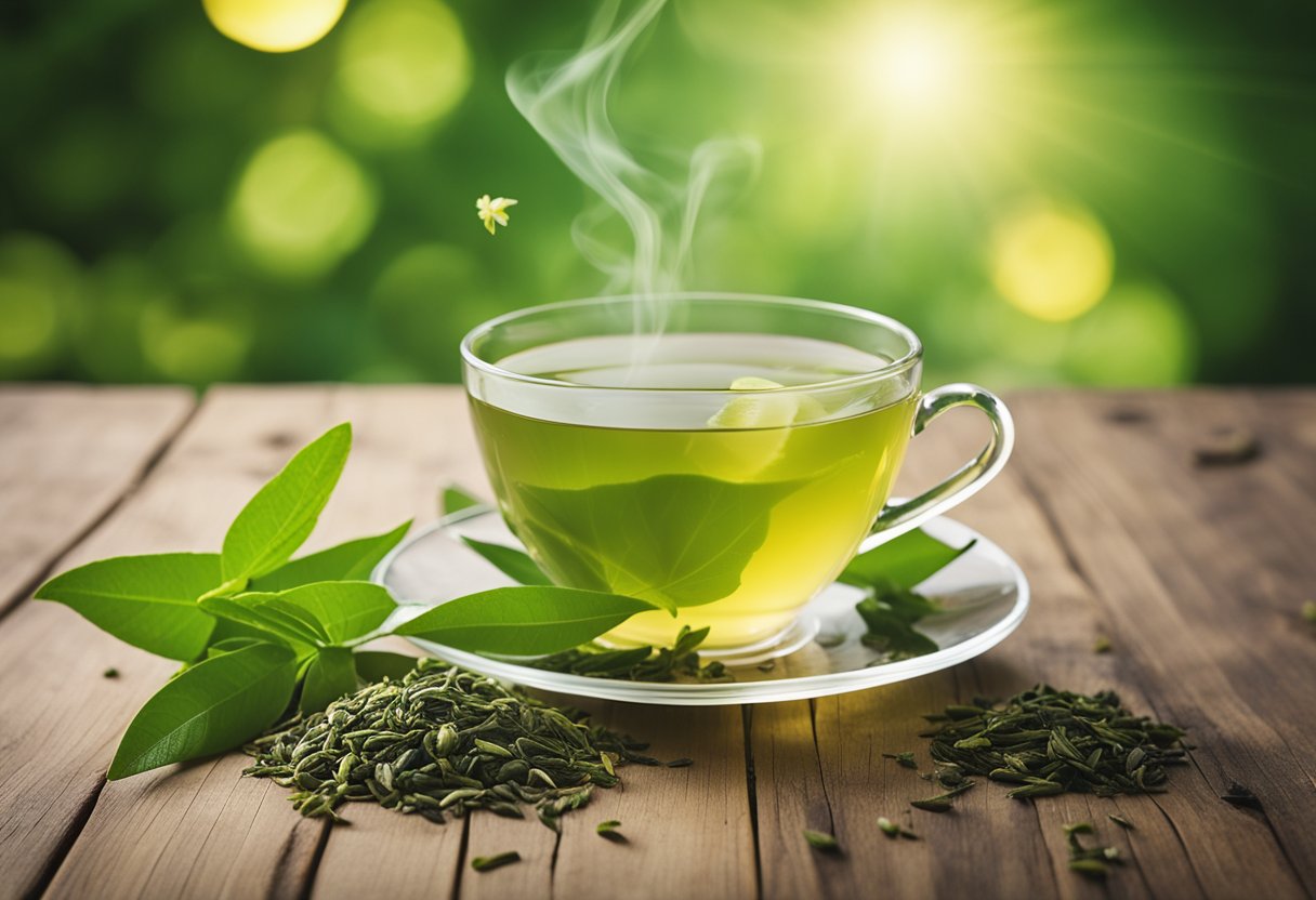 A steaming cup of green tea sits on a wooden table, surrounded by fresh green tea leaves and a slice of lemon