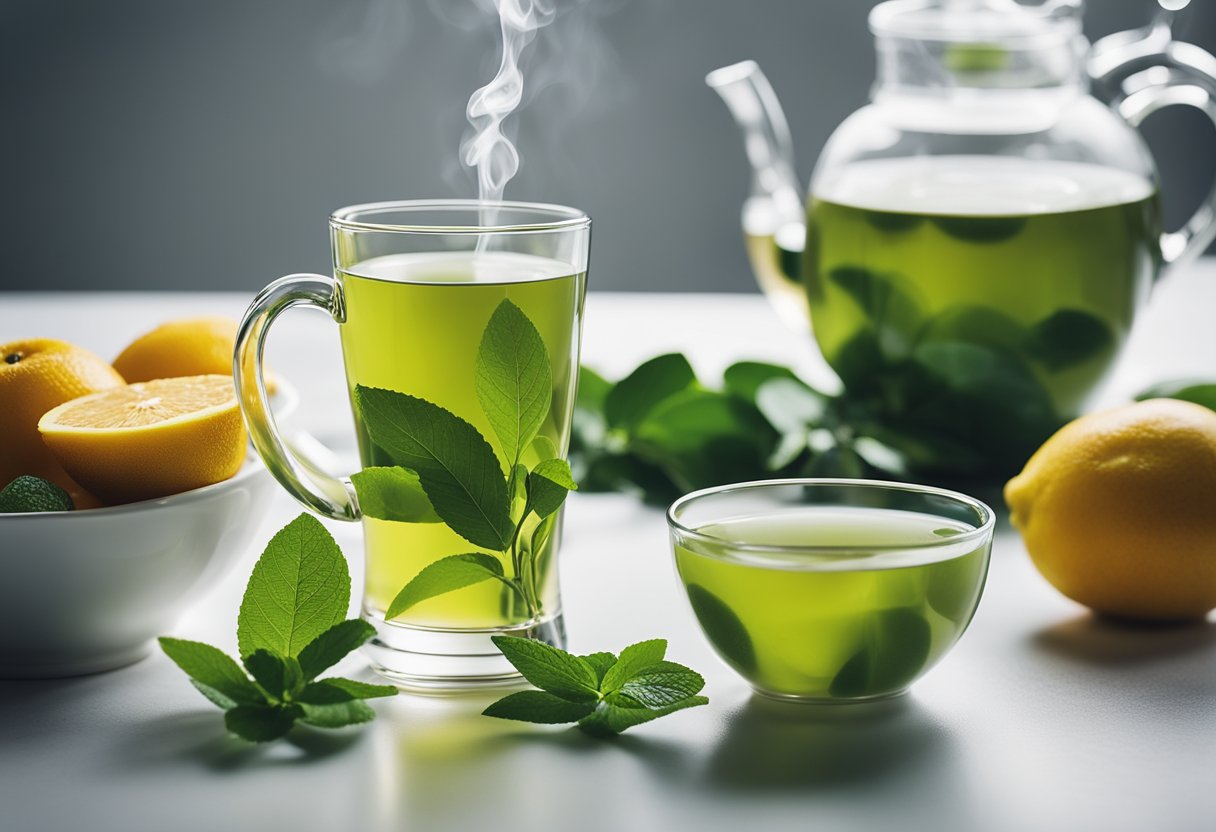 A steaming cup of green tea sits next to a bowl of fresh fruit and a bottle of water, all placed on a clean, white table