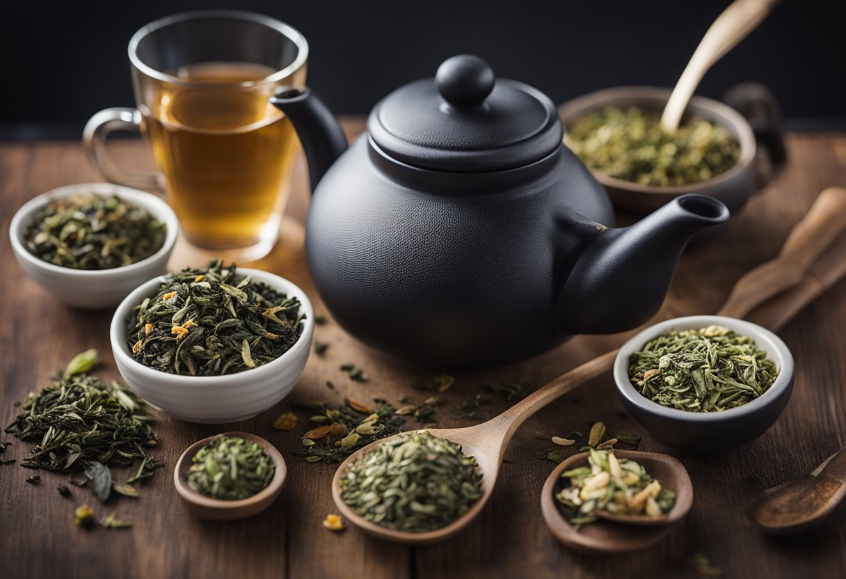 A table with various tea varieties, including green tea, oolong tea, and herbal blends. A scale nearby suggests a focus on weight loss