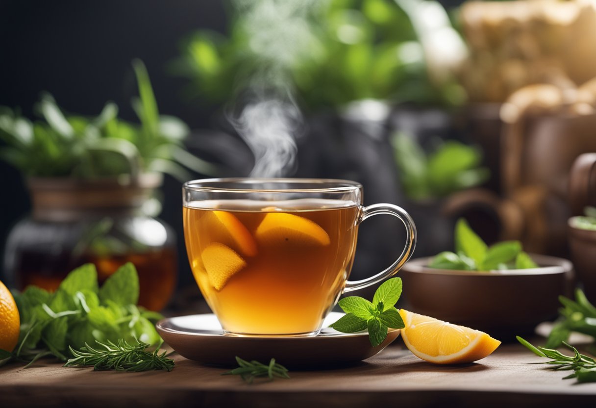 A steaming cup of tea surrounded by fresh herbs and fruits, with a scale and a detoxifying ingredient in the background