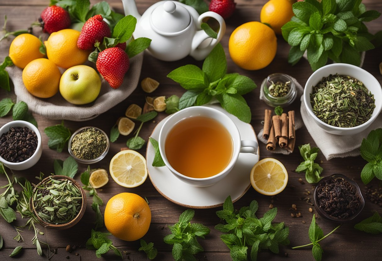 A table set with various types of tea, surrounded by fresh herbs and fruits, with a sign reading "Top Teas for Weight Loss and Detox"