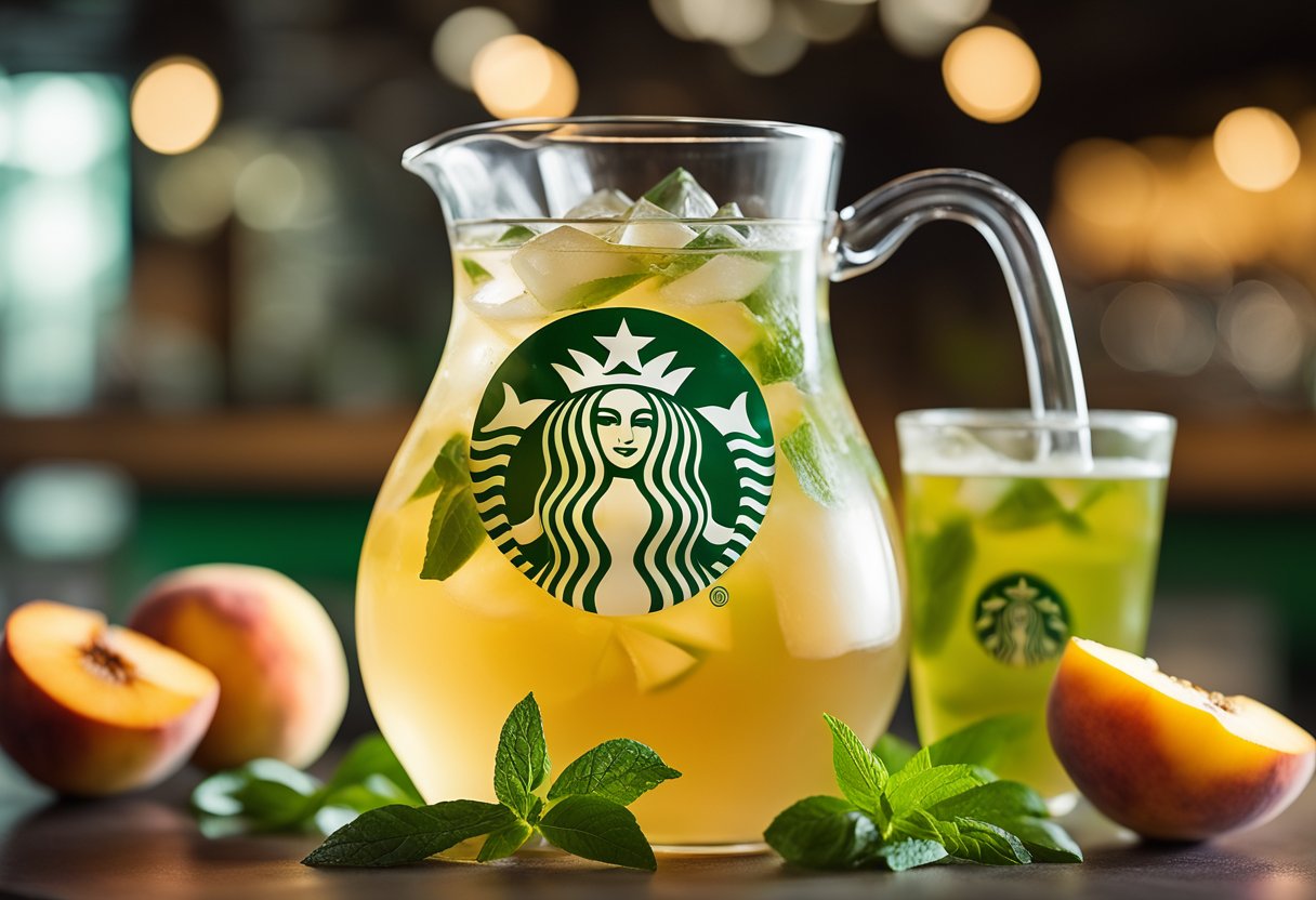 A glass pitcher filled with peach green tea, lemon slices, and ice, with a backdrop of a Starbucks logo and a vibrant green background