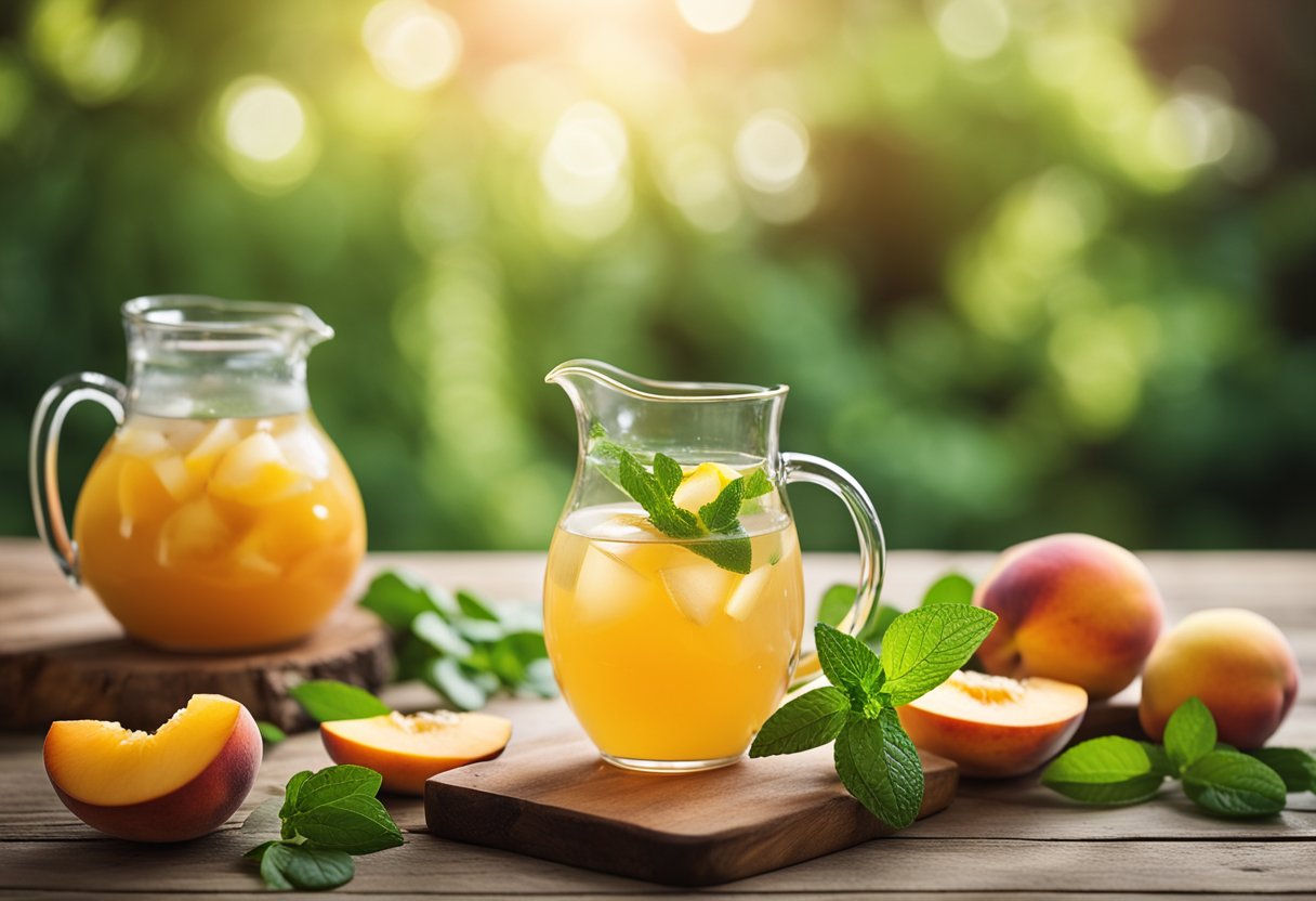 A pitcher filled with peach green tea lemonade sits on a rustic wooden table, surrounded by fresh sliced peaches and lemons. A sprig of mint rests on the rim of the pitcher