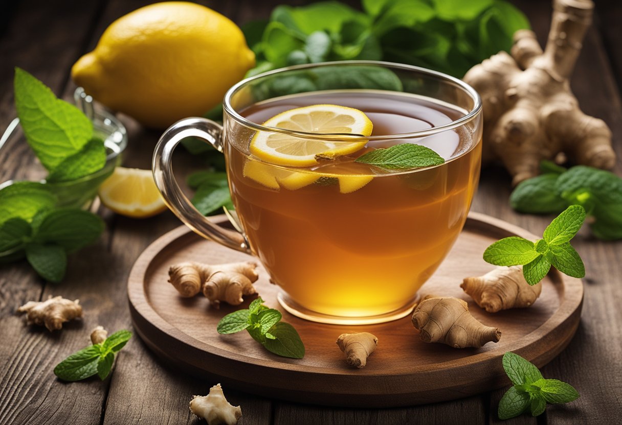 A steaming cup of belly fat tea detox sits on a rustic wooden table, surrounded by fresh ingredients like ginger, lemon, and mint leaves