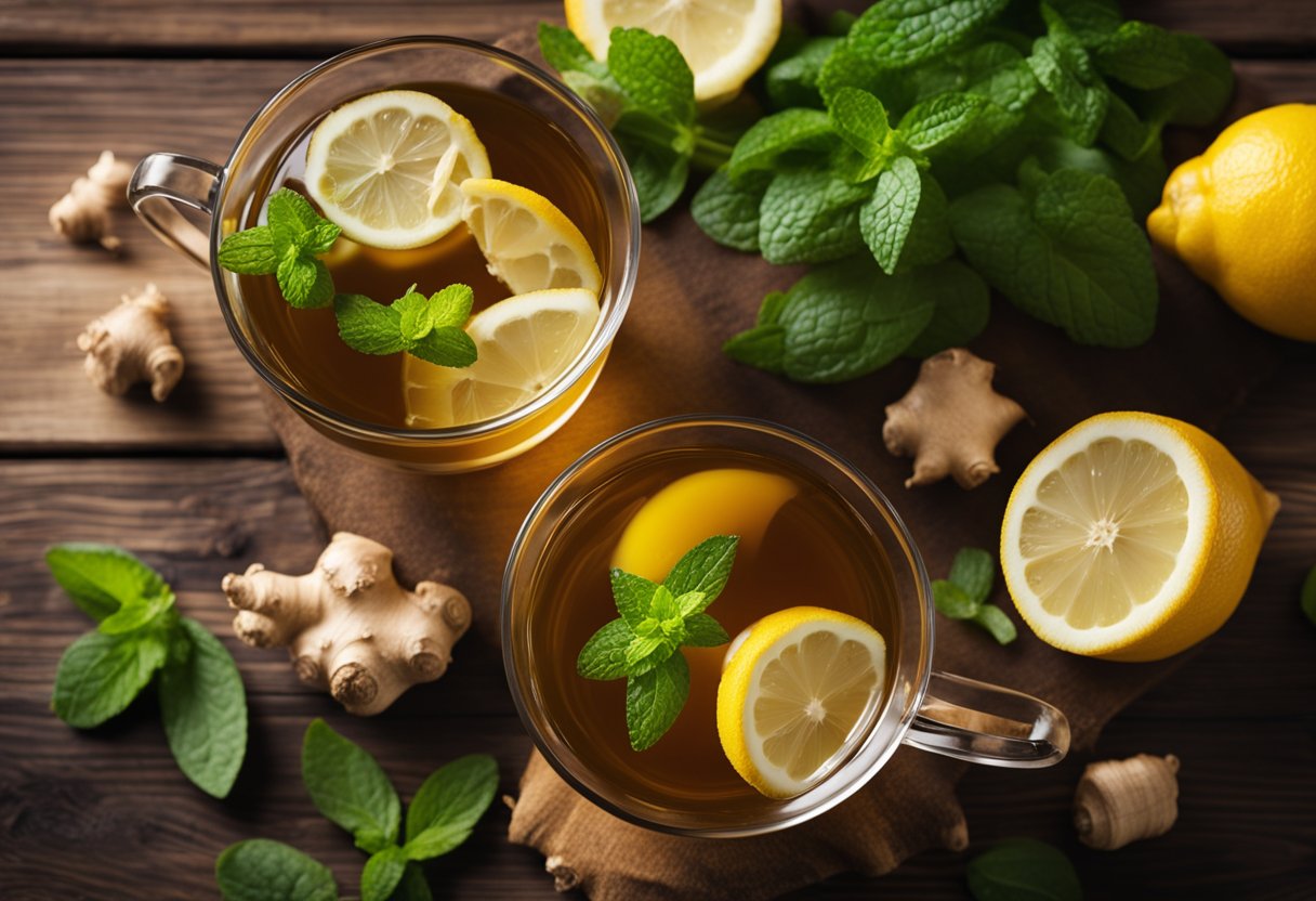 A steaming cup of belly fat detox tea surrounded by fresh ingredients like ginger, lemon, and mint on a wooden table