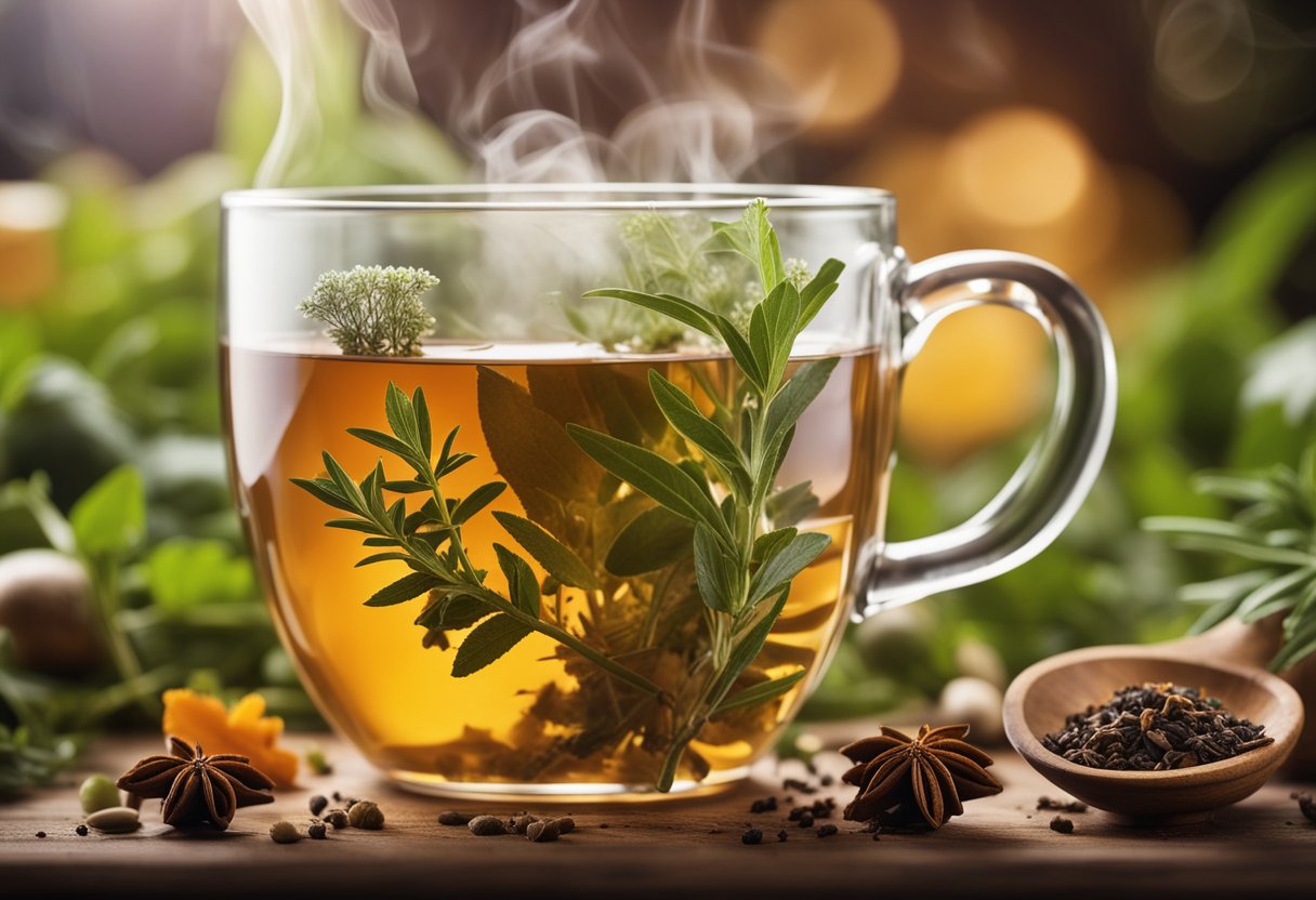 A steaming cup of tea surrounded by various herbs and spices, with a scientific diagram of the digestive system in the background