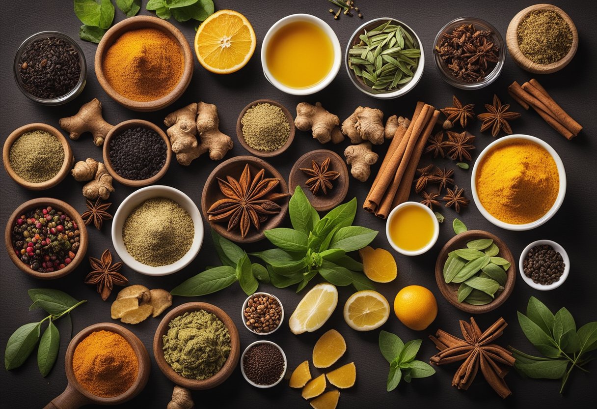 A table filled with colorful herbs and spices, such as ginger, turmeric, and cinnamon, along with various tea leaves and fruit slices