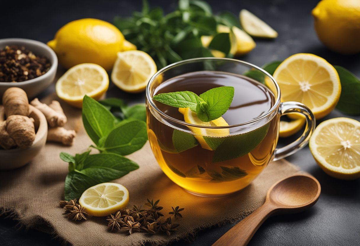 A steaming cup of detox tea surrounded by fresh, natural ingredients like lemons, ginger, and herbs