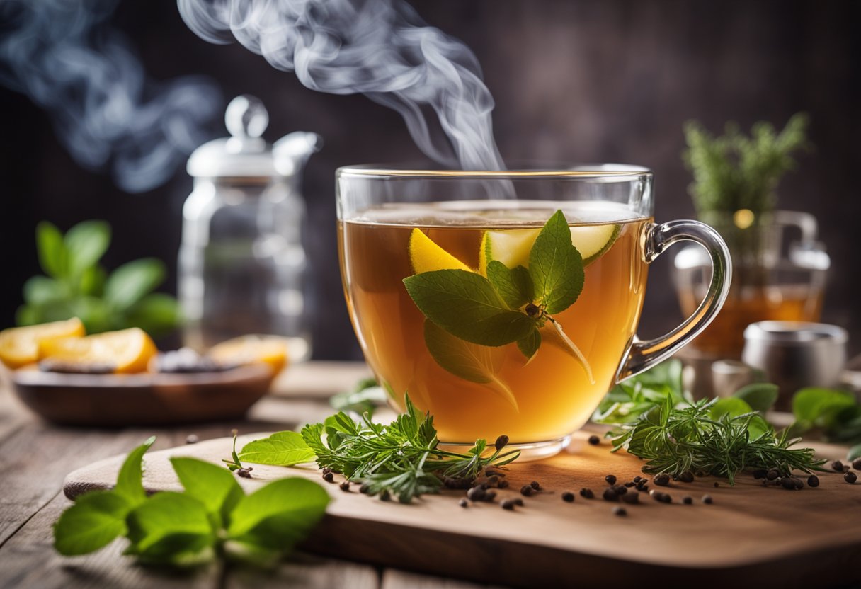 A steaming cup of detox tea surrounded by fresh herbs and fruits on a wooden table