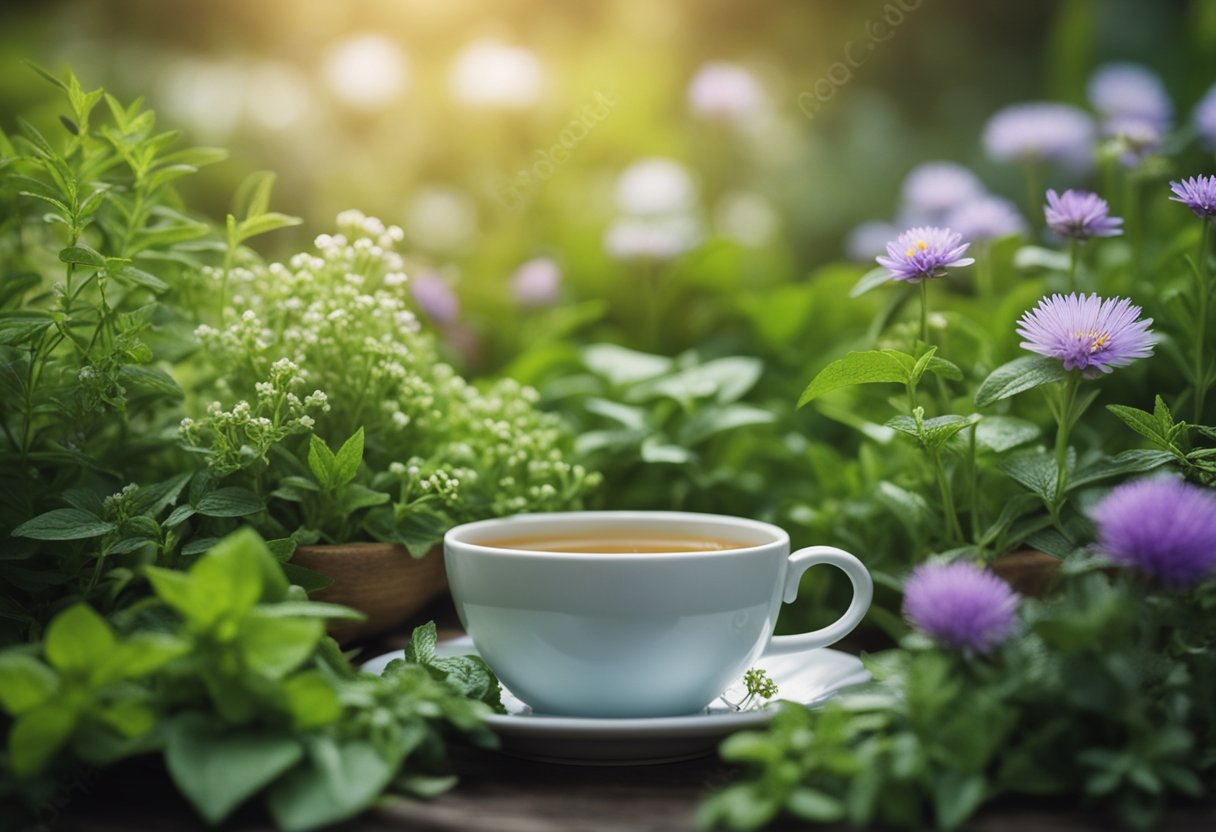 A serene garden with fresh herbs and flowers, a steaming cup of natural detox tea, and a feeling of rejuvenation and wellness