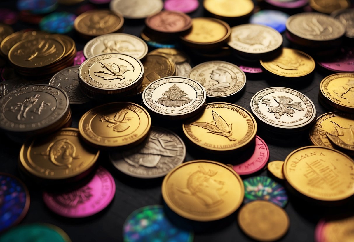 A pile of Solana meme coins scattered on a digital background, with vibrant colors and playful designs