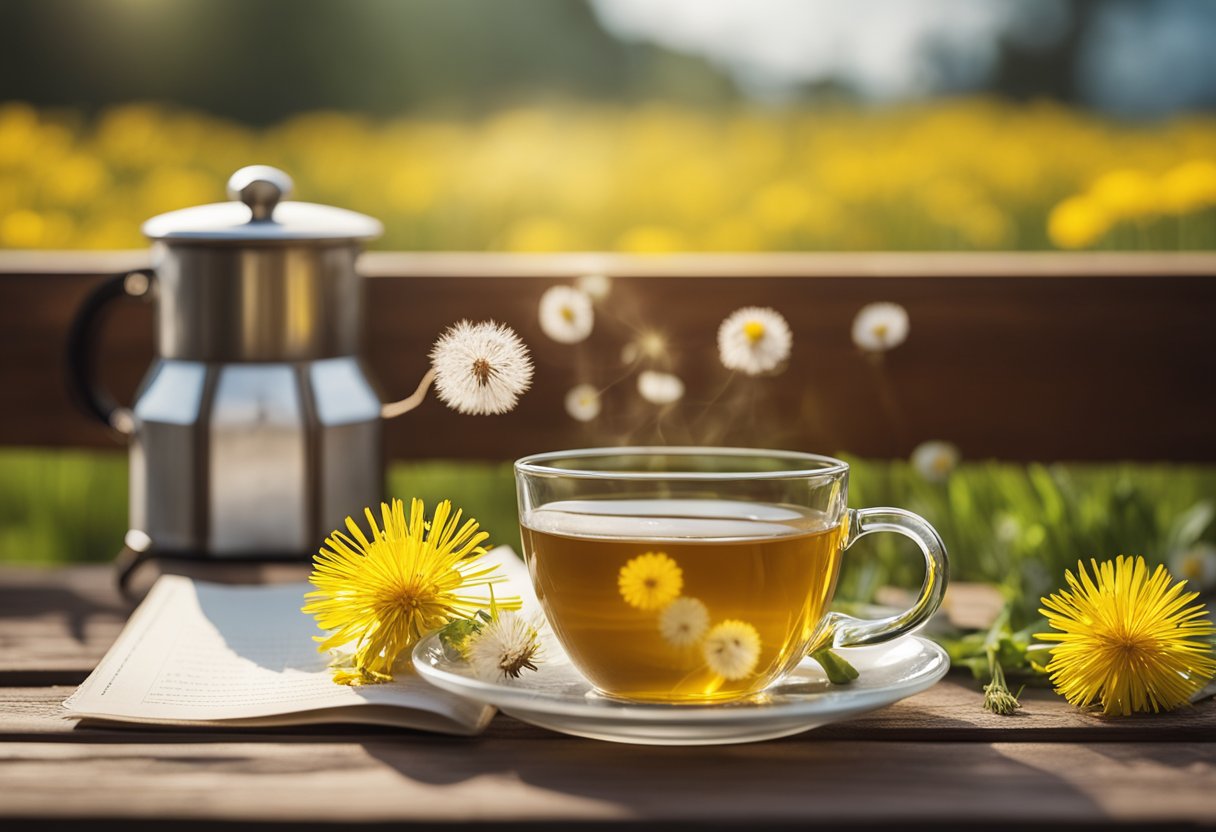 A steaming cup of dandelion tea sits on a wooden table, surrounded by blooming dandelions and a calendar marking off a month