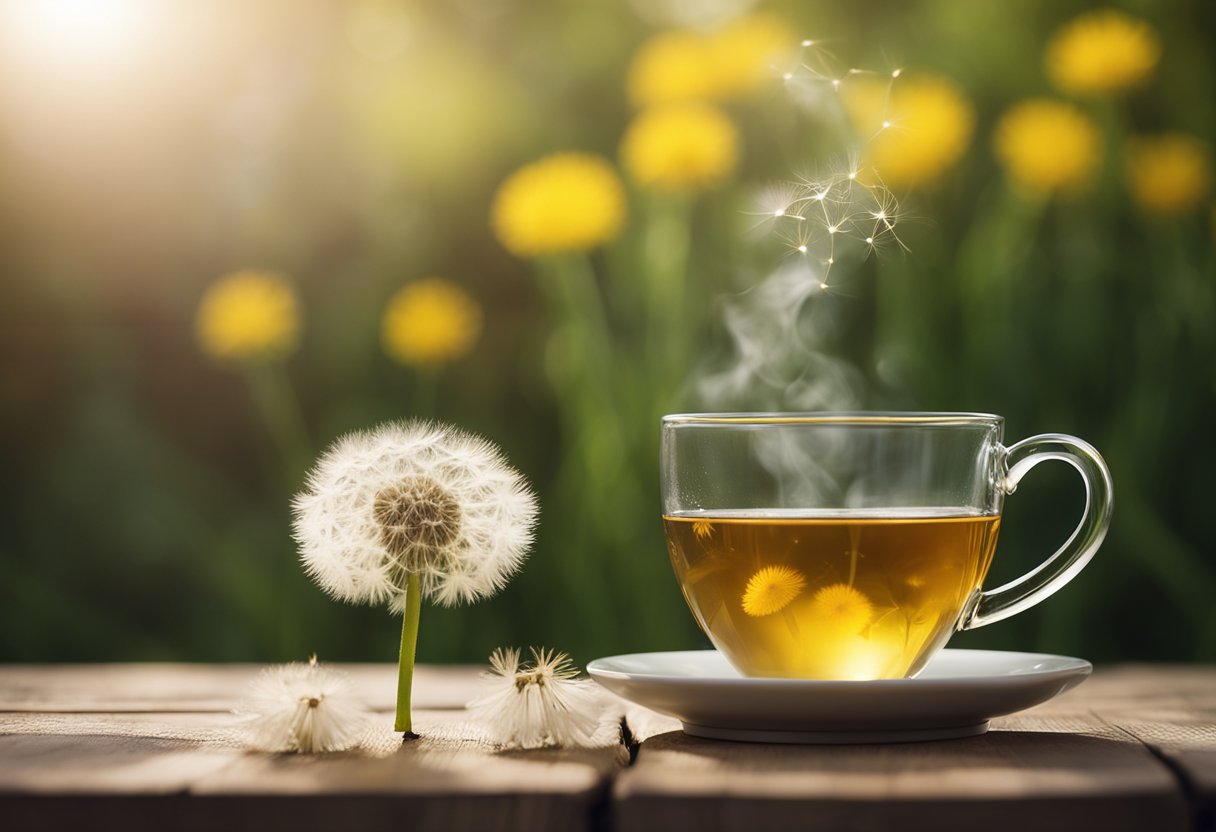 A steaming cup of dandelion tea sits on a wooden table, surrounded by blooming dandelions and a warm, inviting atmosphere