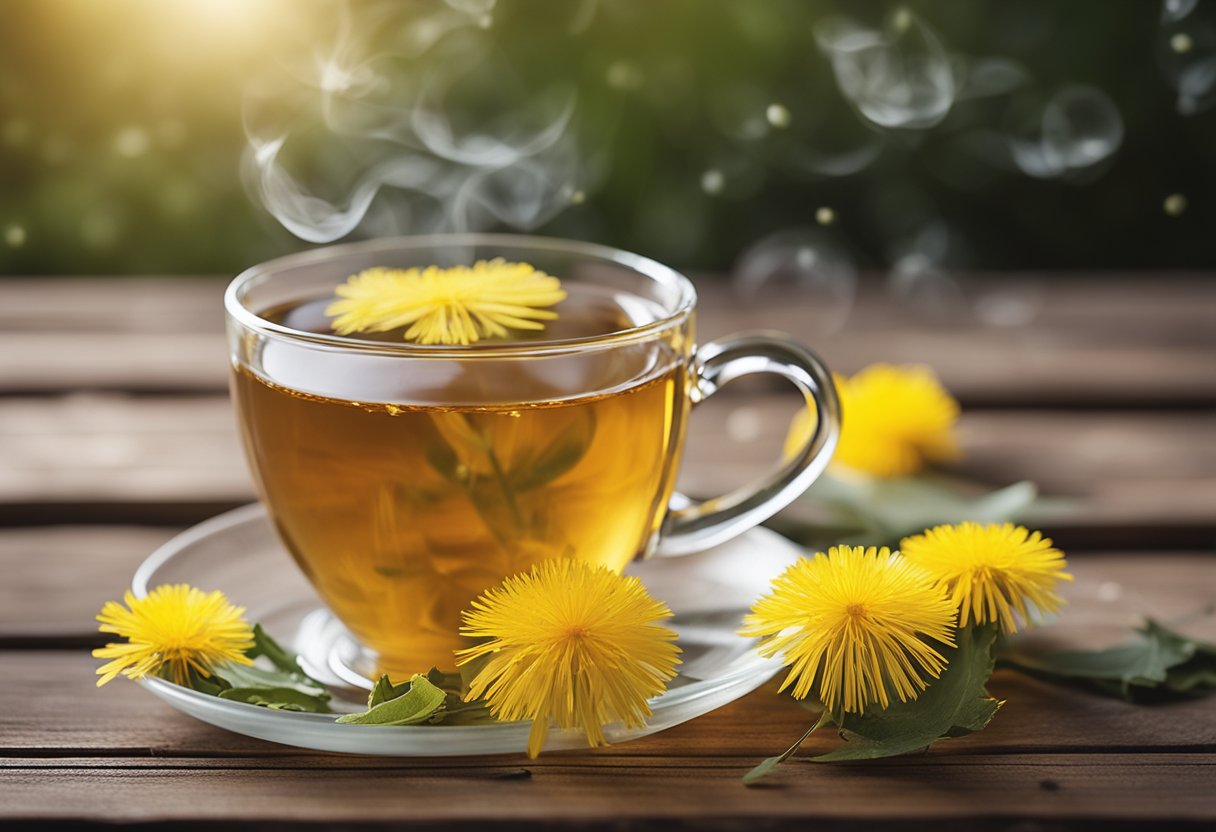 A steaming cup of dandelion tea sits on a wooden table, surrounded by a scattering of dried dandelion flowers and leaves