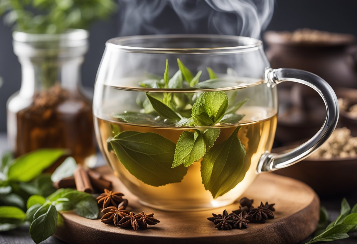 A clear tea mug with steam rising, surrounded by herbs and spices, with a bloated stomach in the background