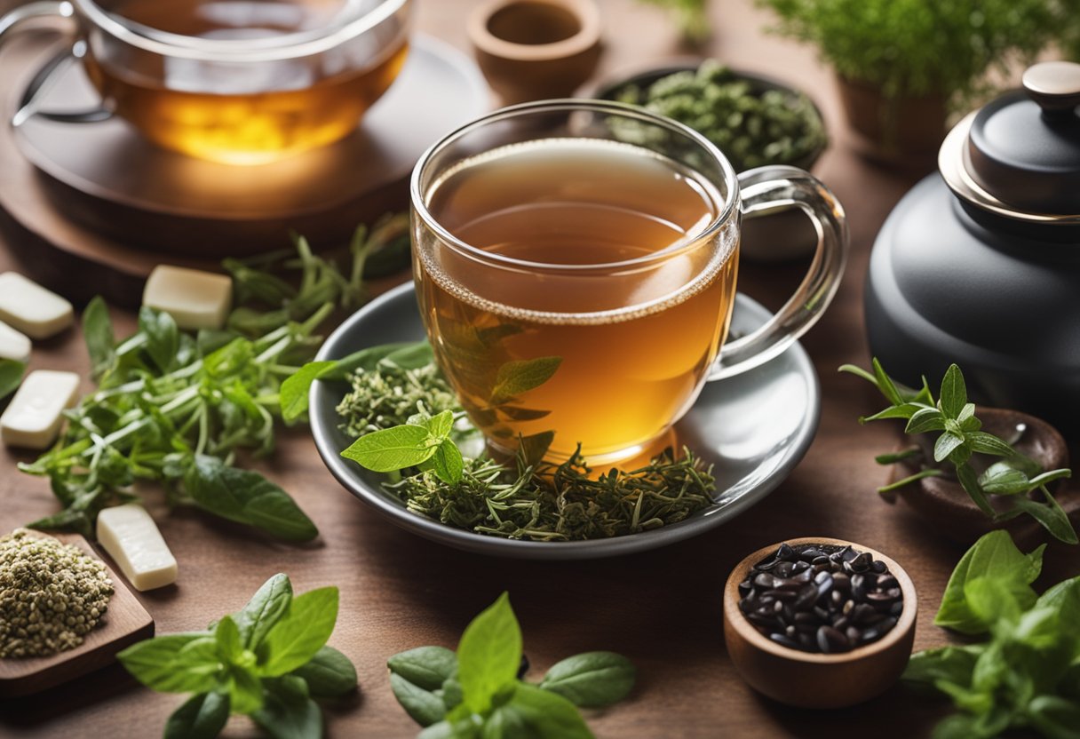 A steaming cup of detox tea sits on a table, surrounded by fresh herbs and bloating relief supplements