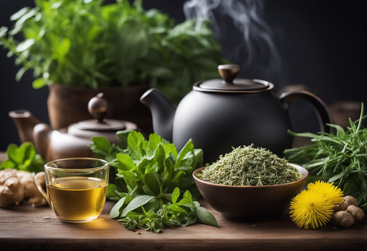 A variety of herbs and plants scattered on a wooden table, including dandelion, ginger, and peppermint, with a steaming teapot in the background