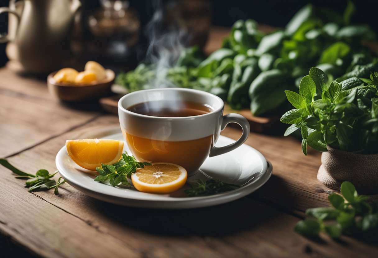 A steaming cup of tea sits on a wooden table, surrounded by fresh herbs and fruits. A calendar on the wall shows 14 days crossed off