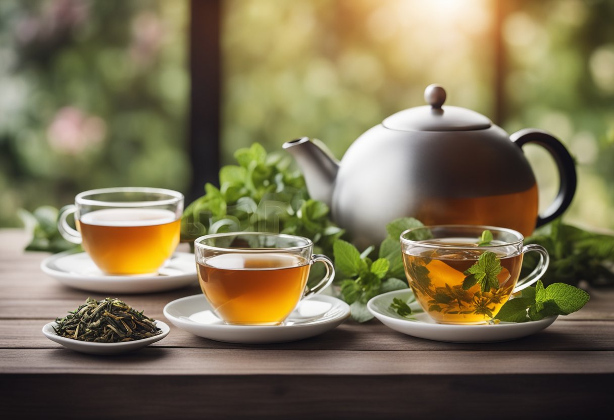 A table set with a teapot, two cups, and a variety of herbal teas. A calendar on the wall shows 14 days