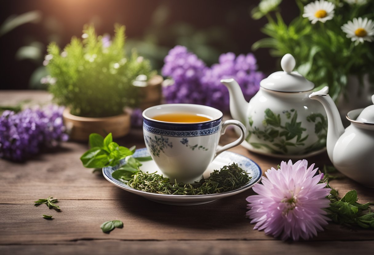 A serene tea set on a wooden table, surrounded by fresh herbs and flowers, with a steaming cup of detox 28 day tea in the center