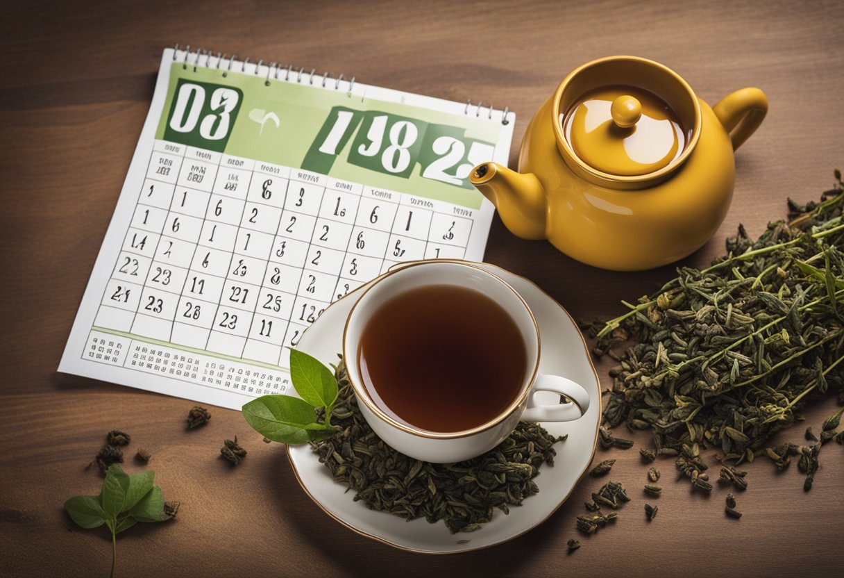 A table with a teapot, cup, and loose tea leaves. A calendar showing 28 days. A label with "Detox 28 Day Tea."