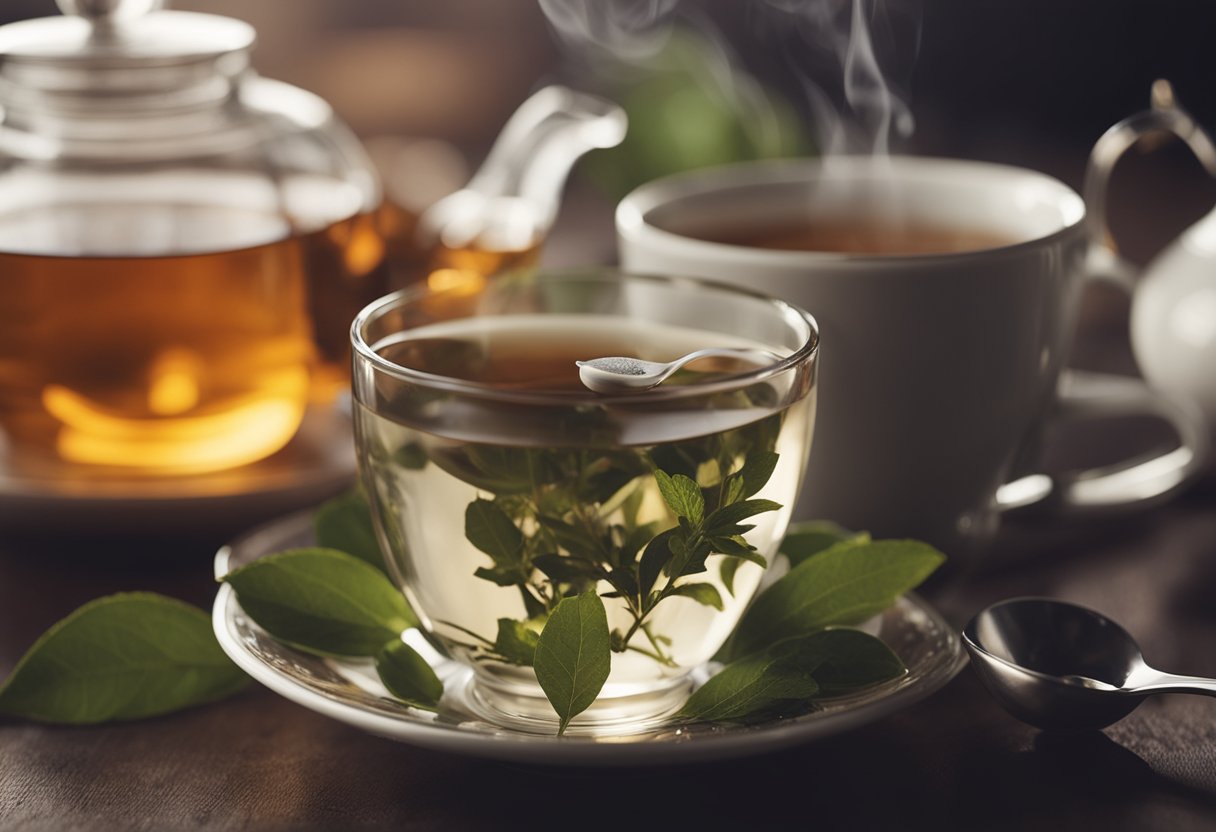 A steaming cup of tea sits on a saucer, with a small spoon resting beside it. A teapot and a few loose tea leaves are nearby