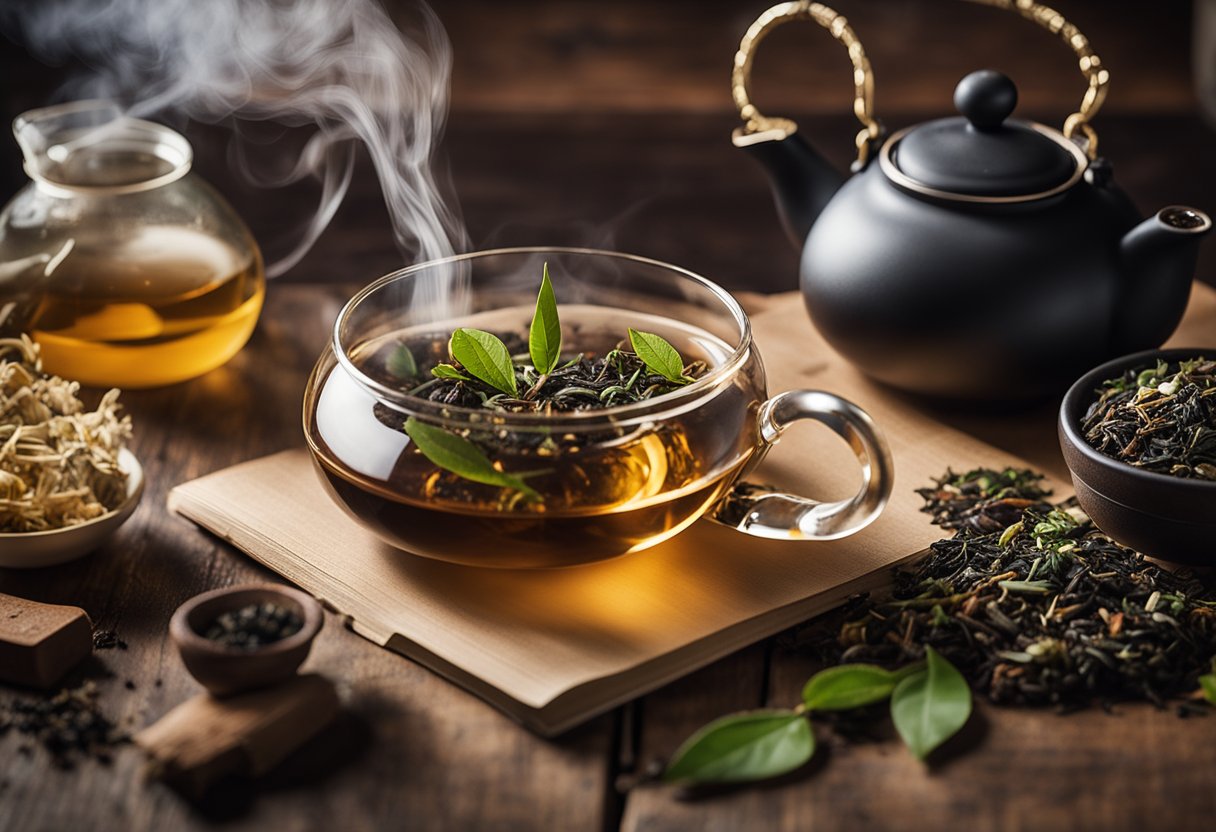 A steaming teapot sits on a wooden table, surrounded by various types of loose tea leaves and a timer. A book titled "The Basics of Tea" is open nearby