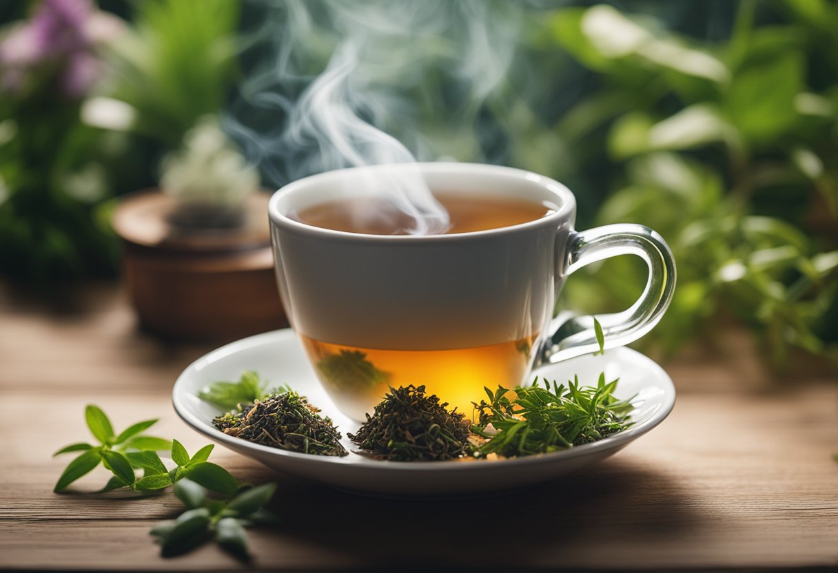 A steaming cup of tea surrounded by various herbs and plants, with a glowing aura emanating from it