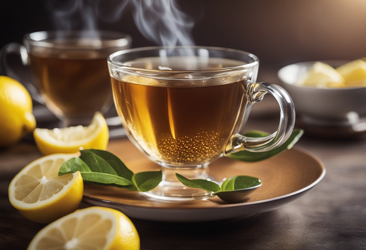 A steaming cup of detox tea with a slice of lemon on a saucer