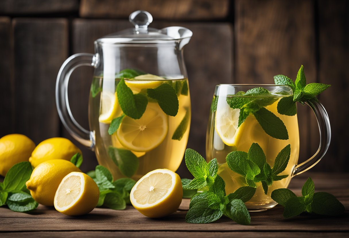 A glass pitcher filled with detox tea lemon surrounded by fresh lemons and mint leaves on a wooden table