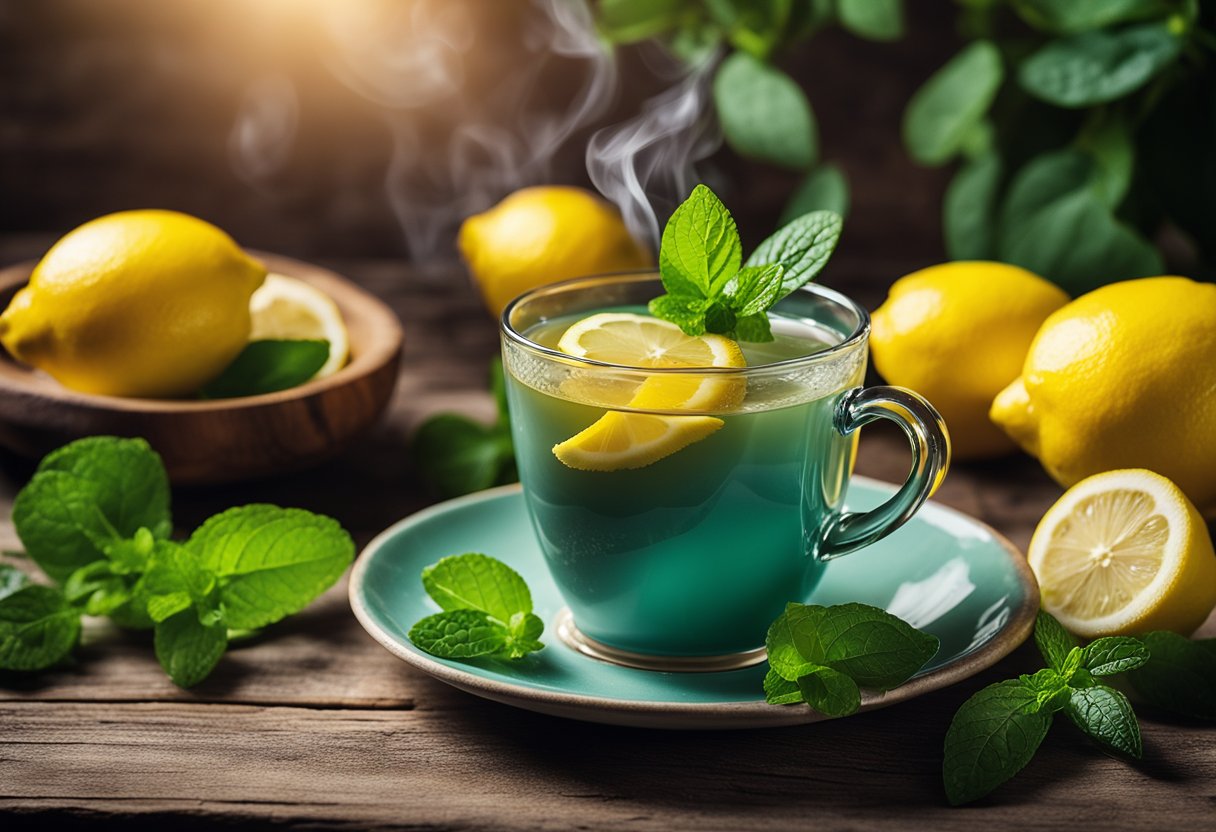 A steaming cup of lemon detox tea sits on a rustic wooden table, surrounded by fresh lemons and a sprig of mint. The warm, inviting scene evokes the health benefits of the soothing beverage