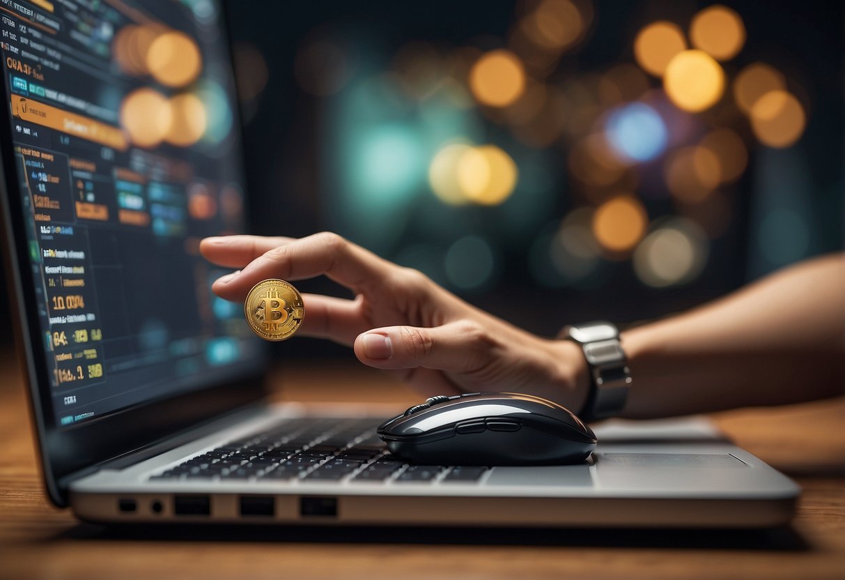 A hand reaching for a computer mouse, clicking on a "buy" button for Solana meme coins on a cryptocurrency exchange website