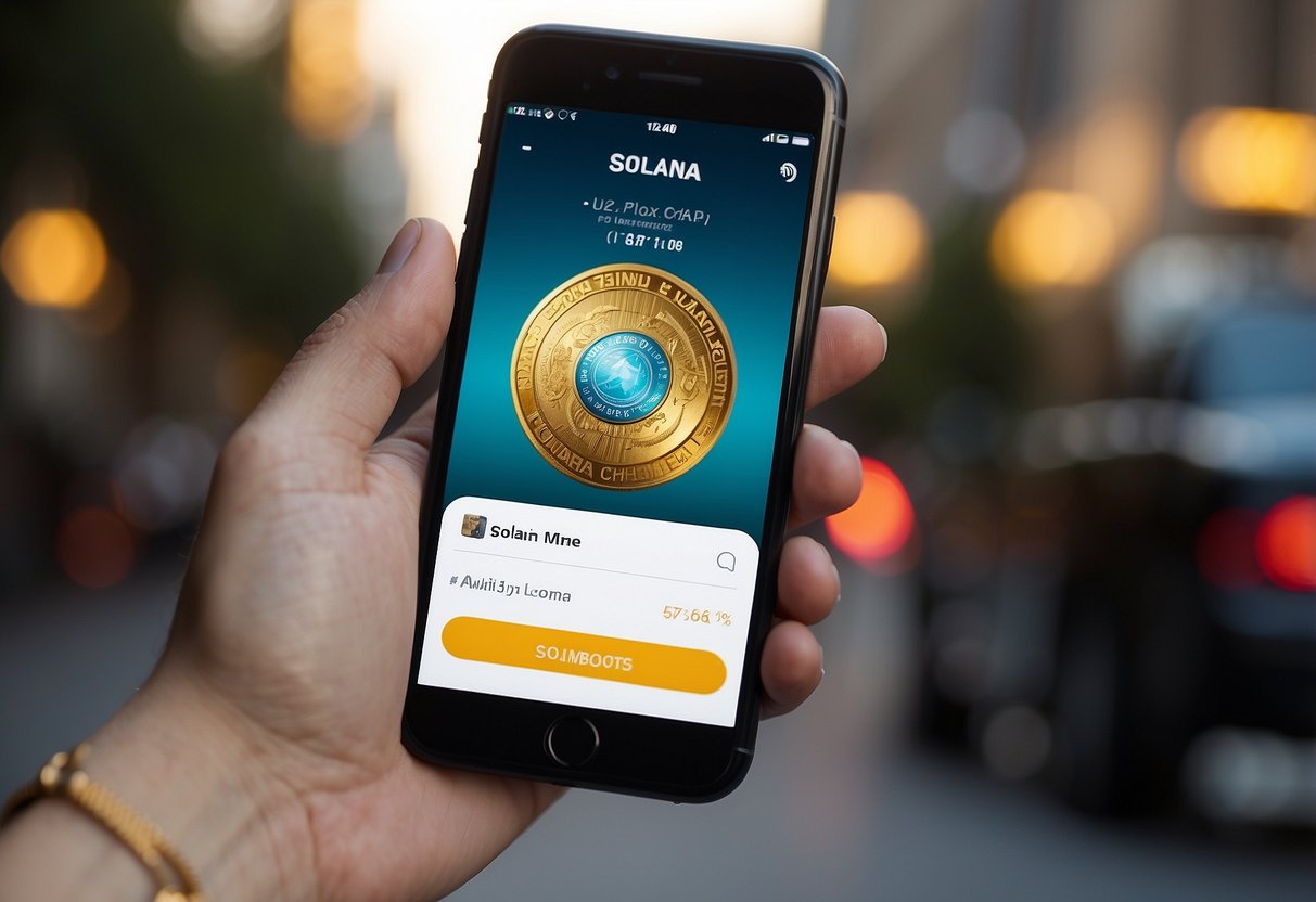 A hand navigates to the Solana Wallet app, clicks "buy," and selects "Solana meme coins" from the list of available tokens