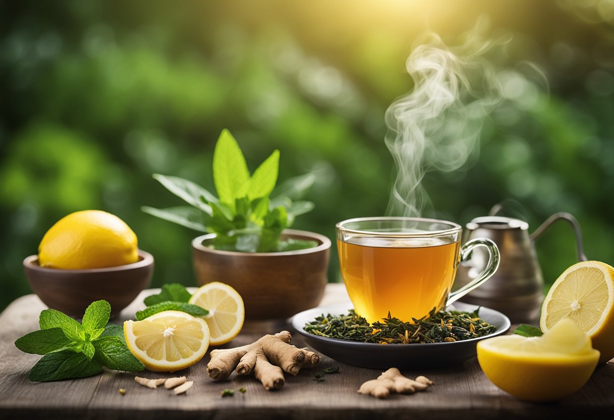 A steaming cup of herbal tea surrounded by fresh ingredients like ginger, lemon, and mint, with a backdrop of serene nature