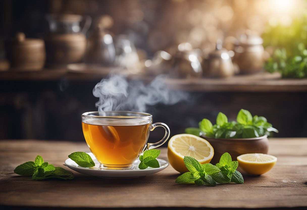 A steaming cup of herbal tea sits on a rustic wooden table, surrounded by fresh ingredients like ginger, lemon, and mint. A gentle steam rises from the cup, creating a soothing and calming atmosphere