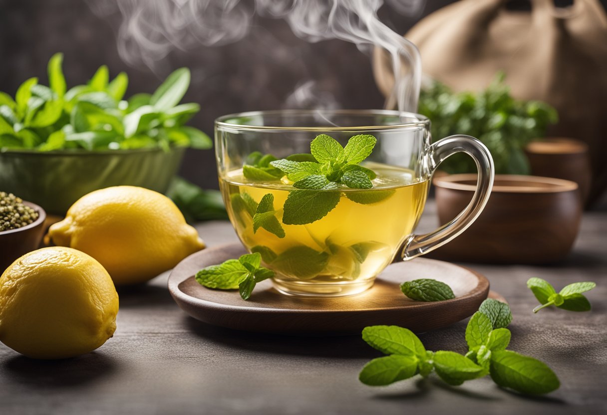 A table set with various herbs and fruits: ginger, lemon, mint, and green tea leaves. A steaming teapot pours into a clear glass mug