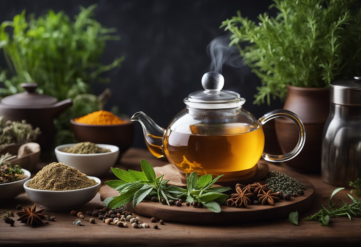 A teapot steams on a wooden table surrounded by various herbs and spices, with a cup and saucer placed nearby