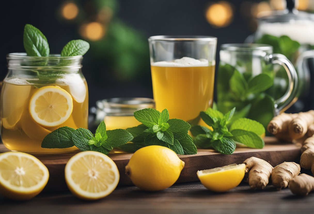 A table displays fresh ginger, turmeric, lemons, and mint for detox tea