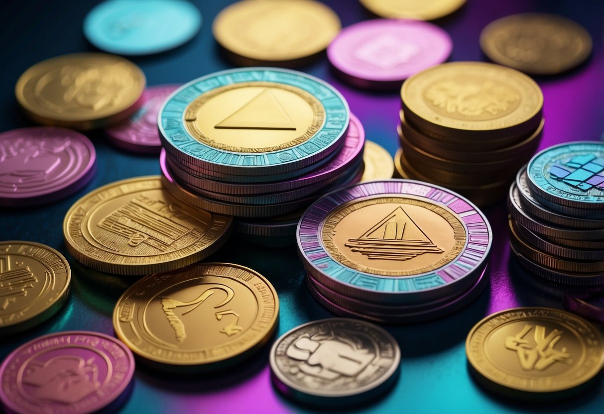 A stack of Avax meme coins floating in a digital space, surrounded by vibrant colors and geometric patterns