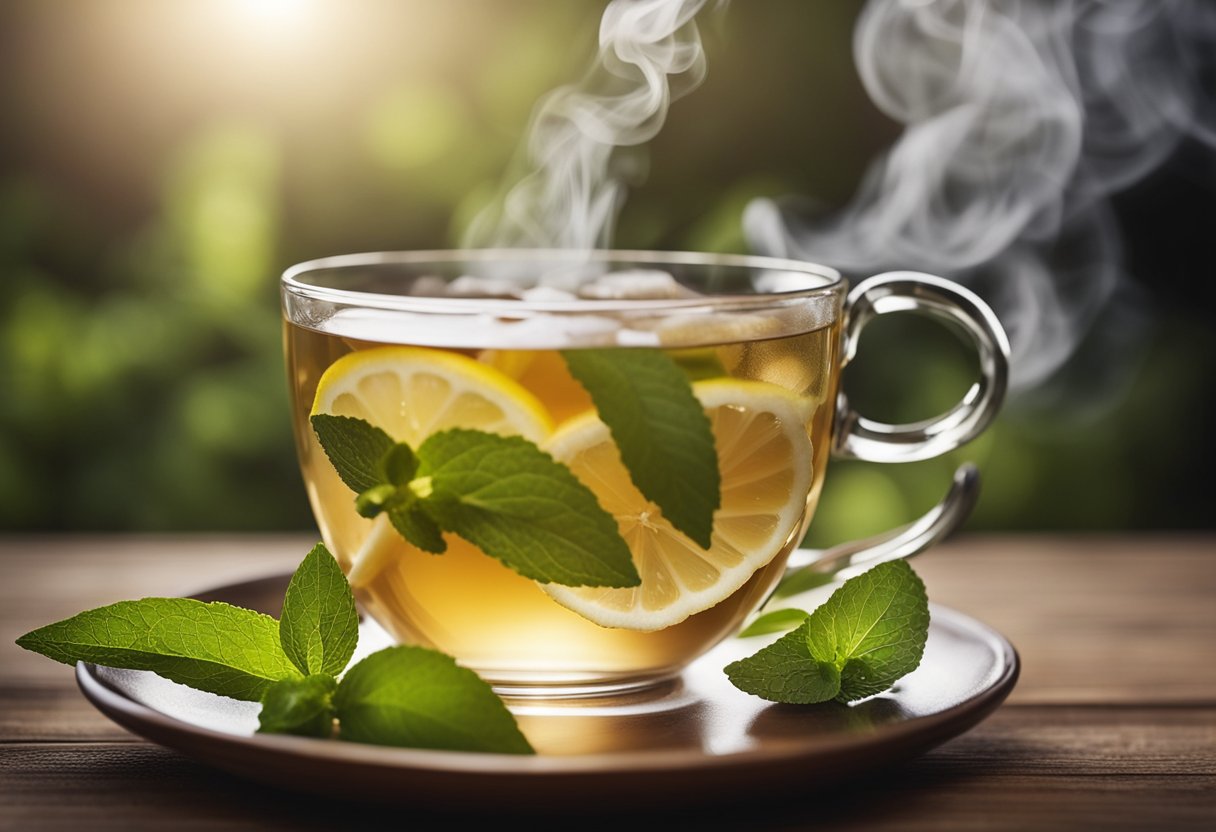 A steaming cup of herbal tea surrounded by fresh ingredients like ginger, lemon, and mint, with a gentle stream of steam rising from the cup