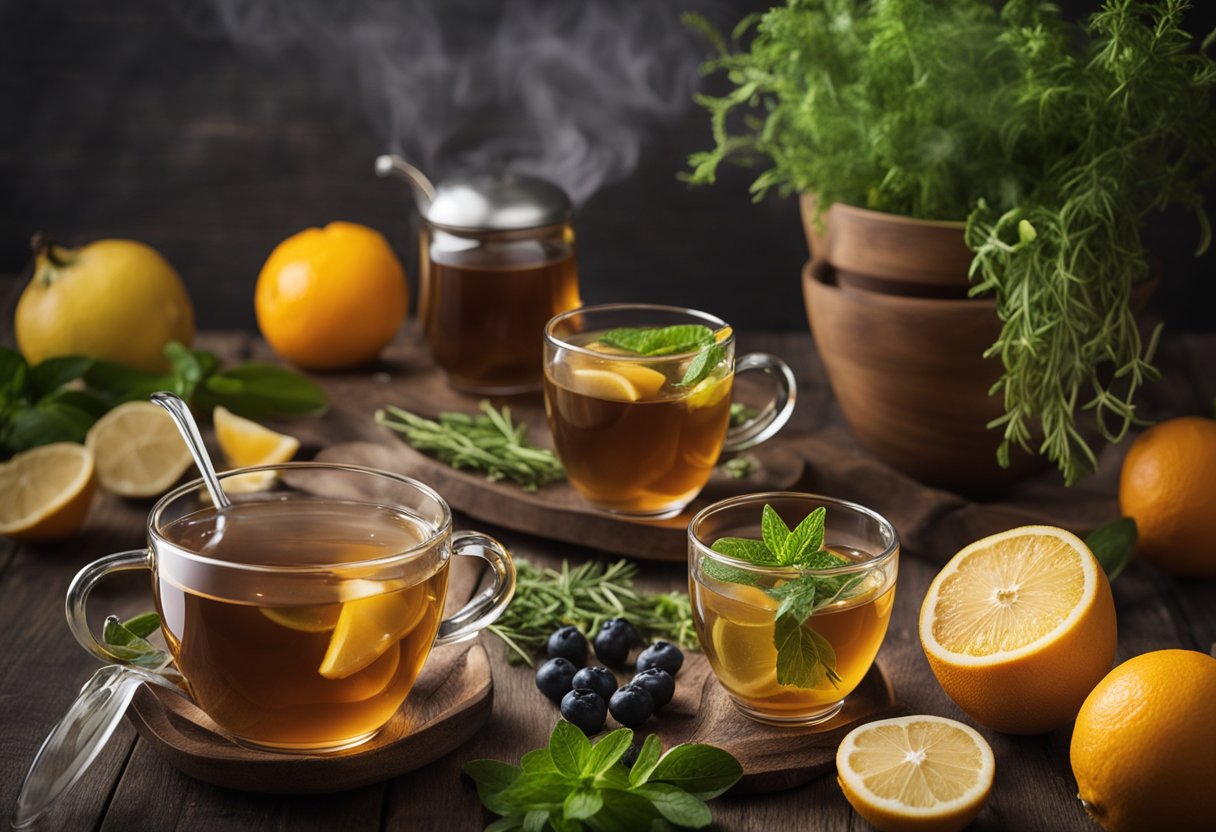 A steaming cup of detox tea surrounded by fresh herbs and fruits on a wooden tabletop