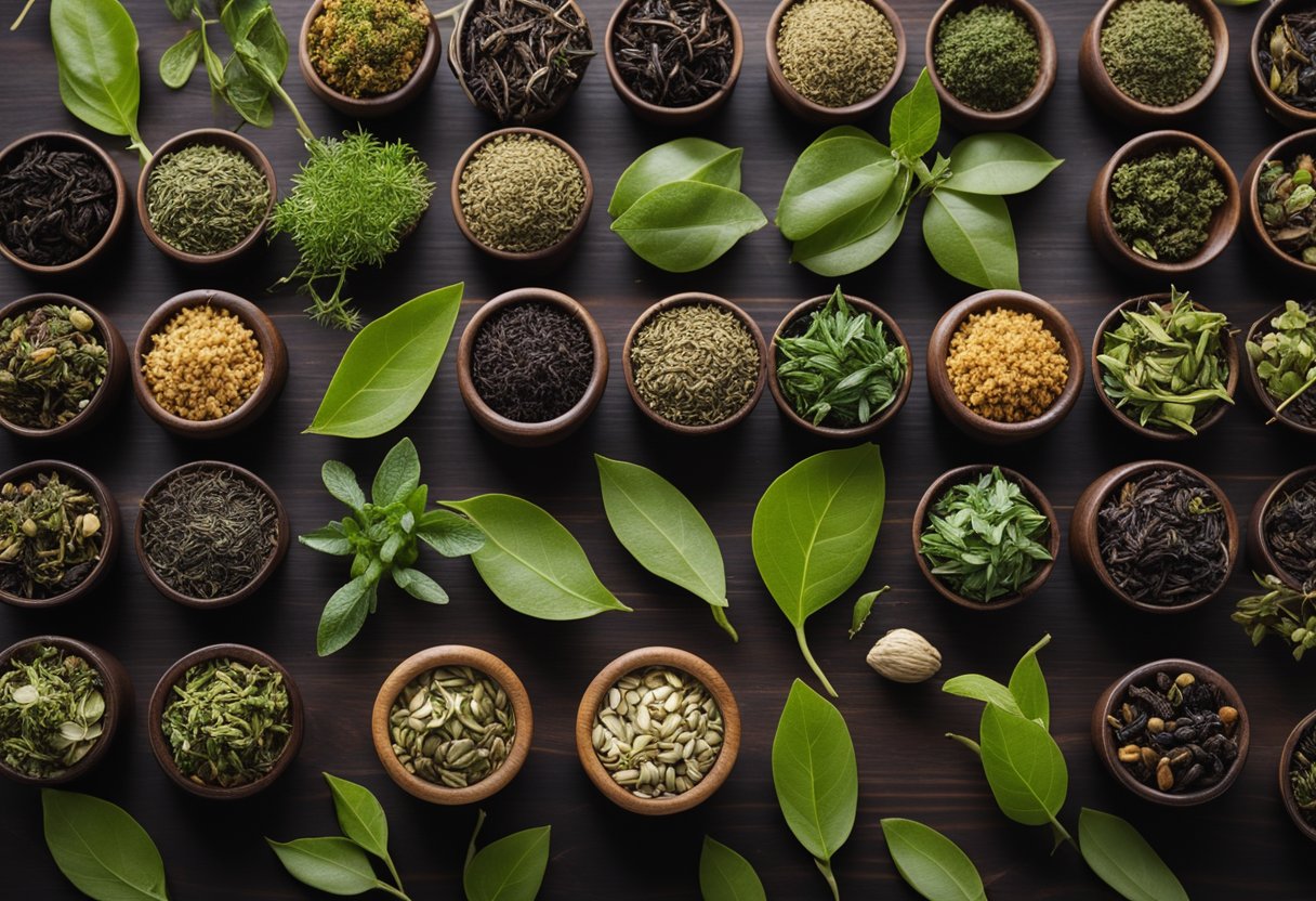 A variety of natural tea leaves and herbs arranged on a wooden table for detox